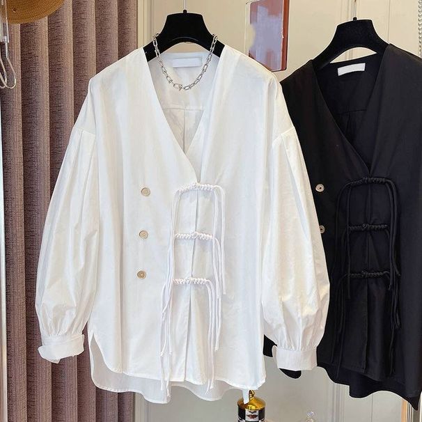 Women's Clothing V Neck Tassel Button Down Shirt Female Designer Niche Tops Spring Shirts_ecoleips.com