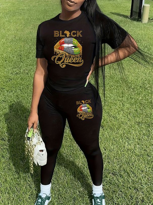 Women's Casual Loose And Fashionable BLACK Queen Pattern Print Loose T-shirt+shorts Two-piece Set Home Sportswear Daily Wear-454_ecoleips.com
