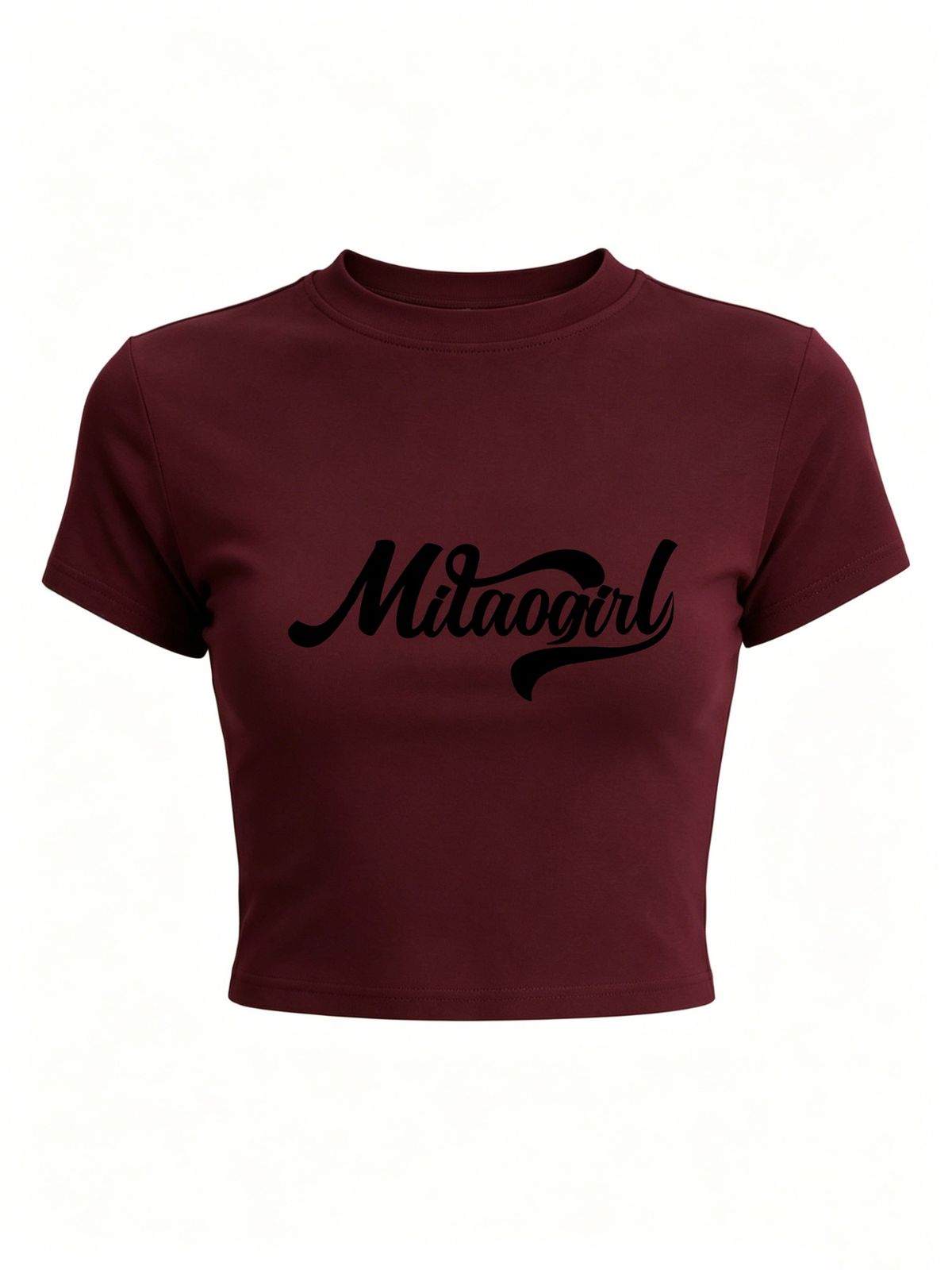 Women Crop Top Vintage Script Mitaogirl Letter Print Round Neck Short Sleeve Slim Fit Y2K Casual Basic Baby Tee_ecoleips.com