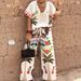 Women's Clothing Casual Loose V Neck Short Sleeved Printed Linen Wide Leg Trousers Suit_ecoleips.com
