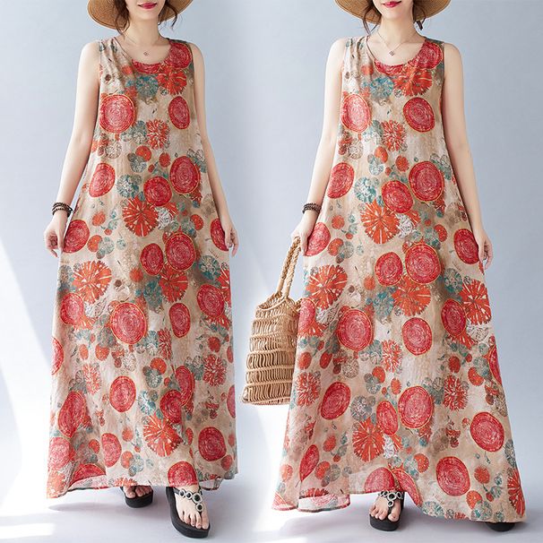 Real Shot Of The 2024 Summer New Bohemian Artistic Loose Sleeveless Round-neck Printed Mid-length Dress For Women_ecoleips.com