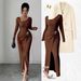 Women's Asymmetrical Neckline Twisted Long Dress Solid Color Fashion Textured Bodycon Dress_ecoleips.com