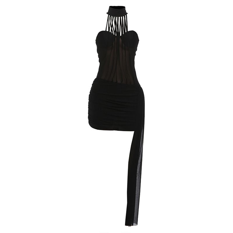 Sensual Mesh Panel Bodycon Dress With Halter Neck & Open Back | Slim Fit Clubwear For Women | Stretchy Milk Silk Fabric_ecoleips.com