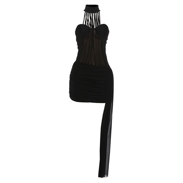 Sensual Mesh Panel Bodycon Dress With Halter Neck & Open Back | Slim Fit Clubwear For Women | Stretchy Milk Silk Fabric_ecoleips.com