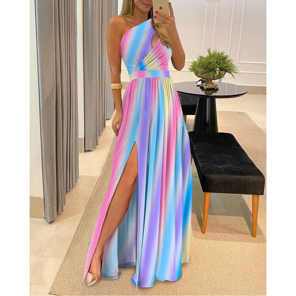 High Waist Long Skirt With Split Sleeveless Oblique Shoulder Design For Women Elegant Dress_ecoleips.com