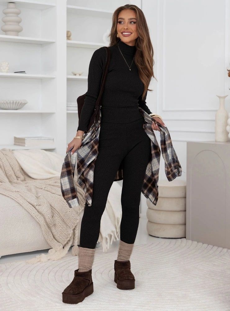 Slim-Fit Knit Turtleneck & Leggings Set – High Neck Thermal Base Layer (Black/Burgundy/Brown, S-XXL)_ecoleips.com