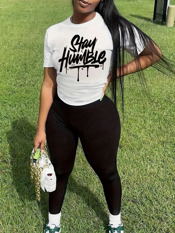 Women's Casual And Fashionable Stay Humble Letter Pattern Printed Loose T-shirt+cropped Pants Two-piece Home Sportswear Daily Outfit-386_ecoleips.com