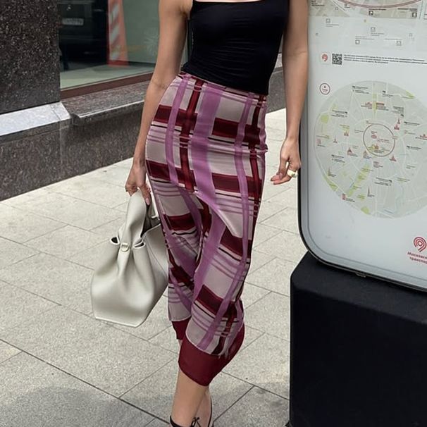 Talenza Plaid Print Skirt Women's Sexy Contrast Patchwork High Waist Back Zipper Bottom Slit Skirt Female Fashion Casual Skirts_ecoleips.com