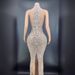 Women's Clothing Sexy Shiny Rhinestone Silver Dress Plus Size Women's Evening Dress Halter Neck Long Dress Sleeveless_ecoleips.com
