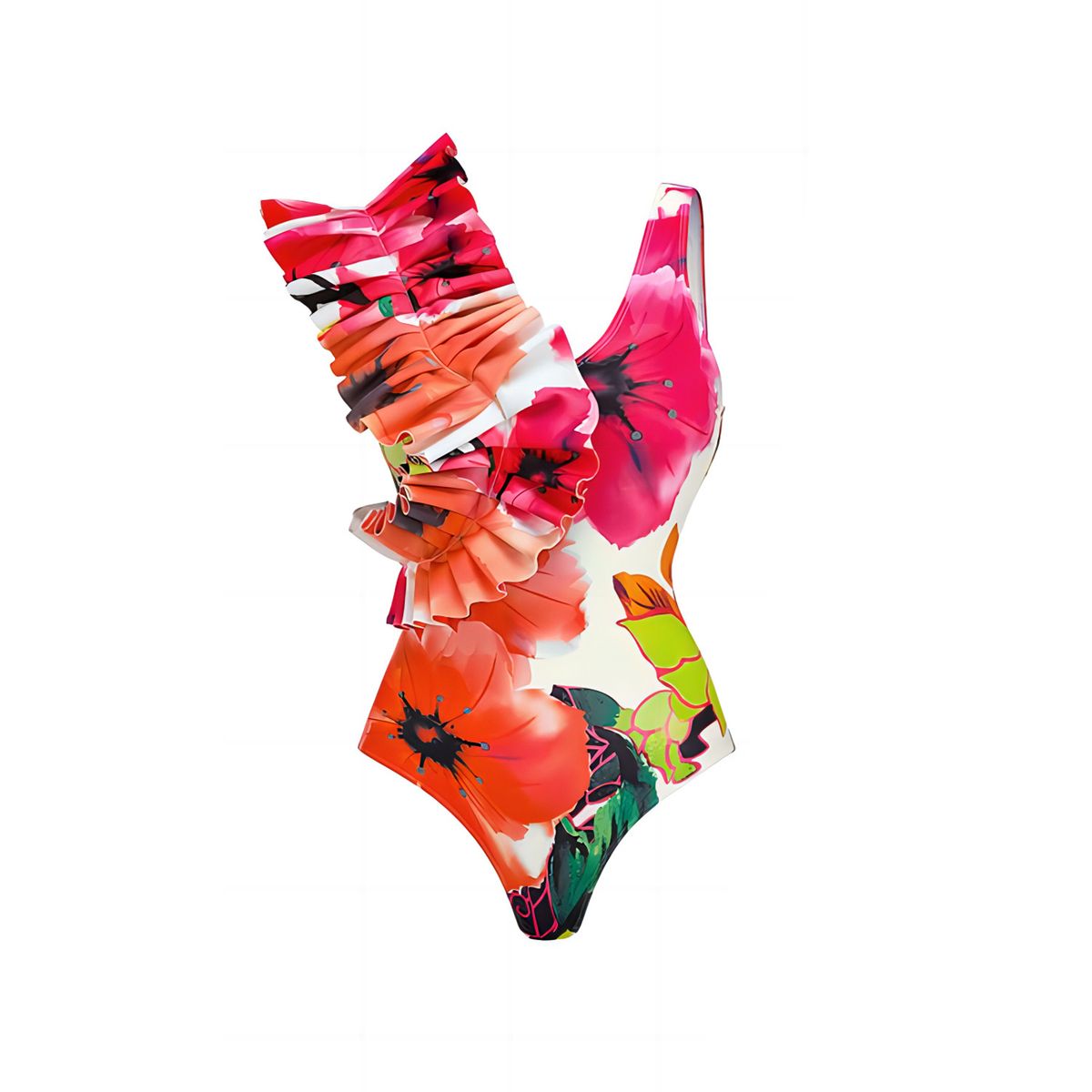 Women's Clothing Sexy Fashion One-piece Swimsuit Ruffled Printed Chiffon Dress Swimsuit Suit_ecoleips.com