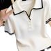 Women's White Collared Knit Top Short Sleeved Color Blocked Ribbed Design Slimming Elegant Summer New Style_ecoleips.com