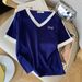 Women's Clothing Summer New Design V Neck Contrast Color Short Sleeved T Shirt Ice Silk Knit Sweater Tops For Women_ecoleips.com