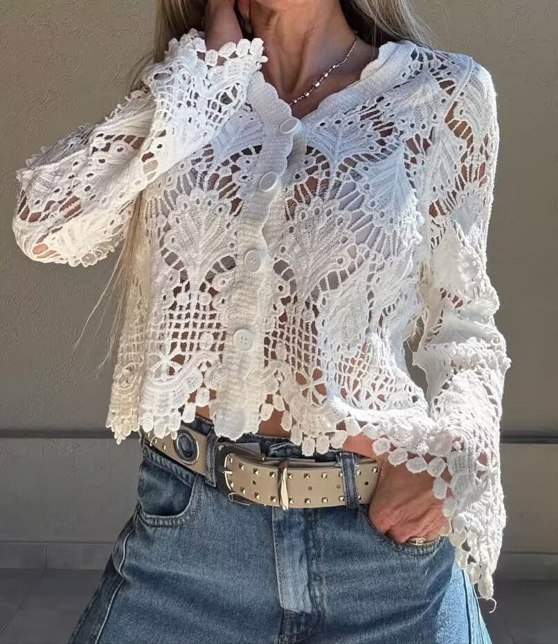 Elegant Lace Crochet V-Neck Knit Top For Women - Breathable Cotton Blend Openwork Blouse With Single Button Closure_ecoleips.com