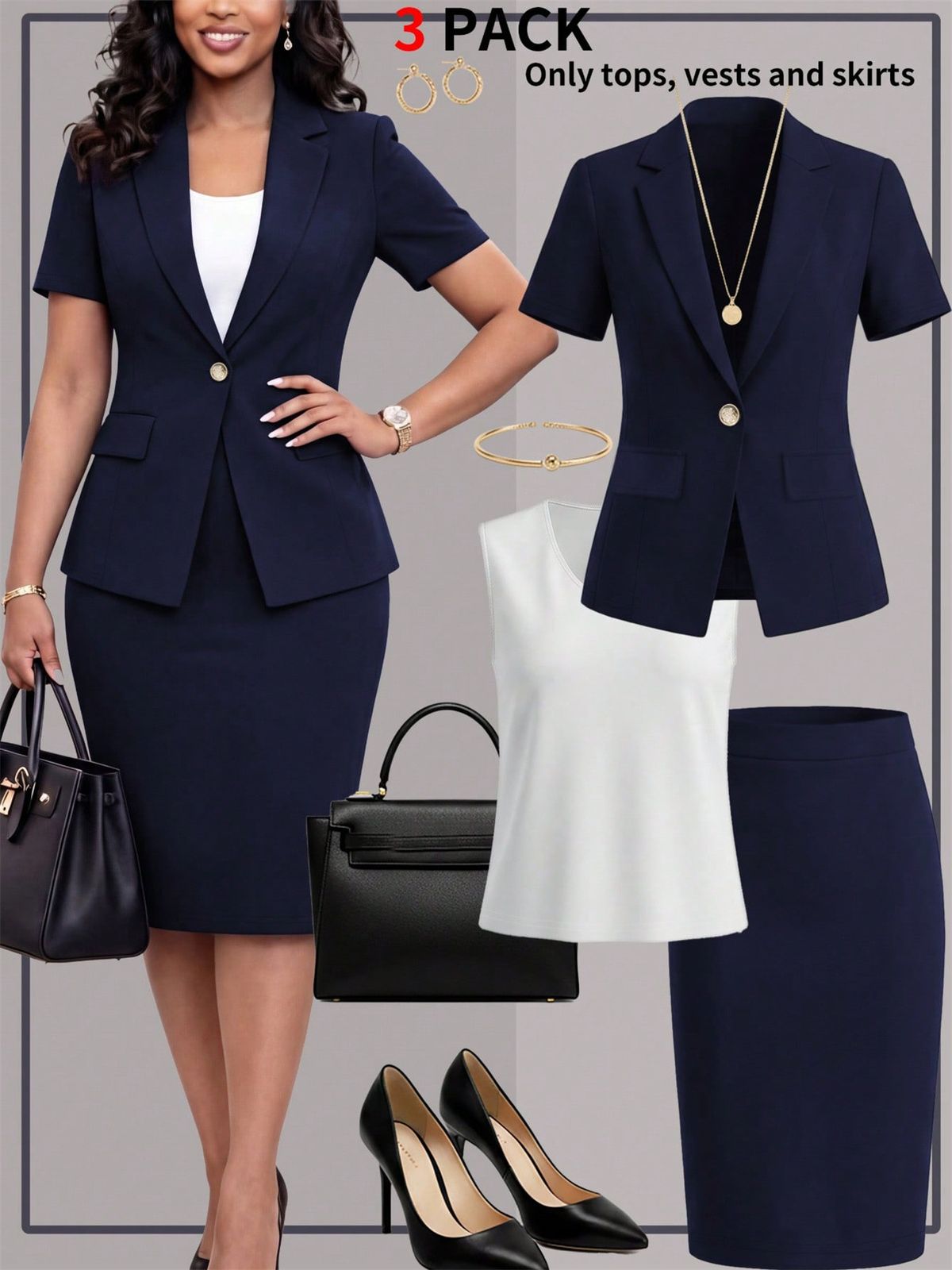Spring Summer Women's Elegant Commuter Blazer Set Short Sleeve Solid Color Vest Slim Fit Skirt Business Casual Outfit_ecoleips.com