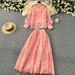 Women's Clothing Elegant And Stylish Lantern Sleeves Embroidered Mesh Shirt High Waist Wide Swing Skirt Spring Two Piece Suit_ecoleips.com