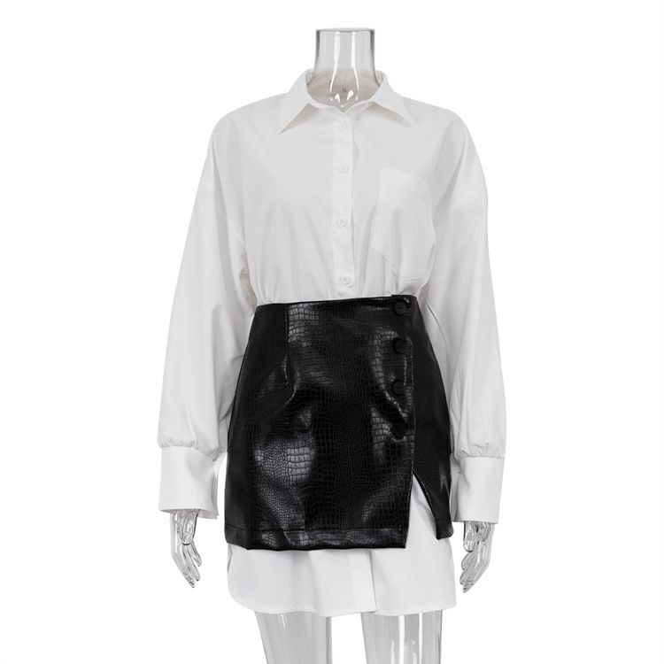 Fashion Women's Spring Outfit Set Simple Loose White Shirt Waist Belt Short Skirt_ecoleips.com