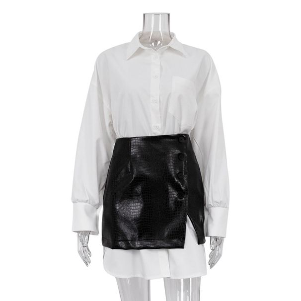 Fashion Women's Spring Outfit Set Simple Loose White Shirt Waist Belt Short Skirt_ecoleips.com