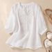 Women's Clothing Retro Cotton And Linen Flower Embroidered Shirt V Neck Slimming Simple Zen Style Solid Color Three Quarter Sleeve Top_ecoleips.com