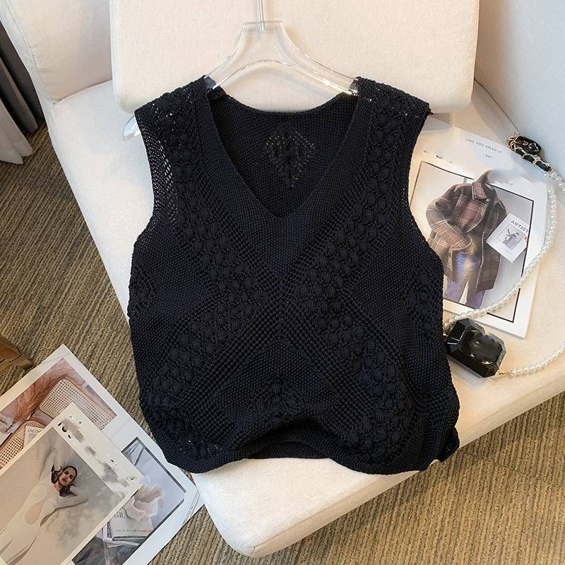Women's Clothing Real Shot Of New Summer And Autumn Design Sleeveless Slit Vest Hollow Ice Silk Knit Sweater Top For Women_ecoleips.com