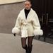 Women's Clothing Autumn And Winter Woolen Coat Short Coat Women's Cuffs Fur V Neck Lace Up Solid Color_ecoleips.com