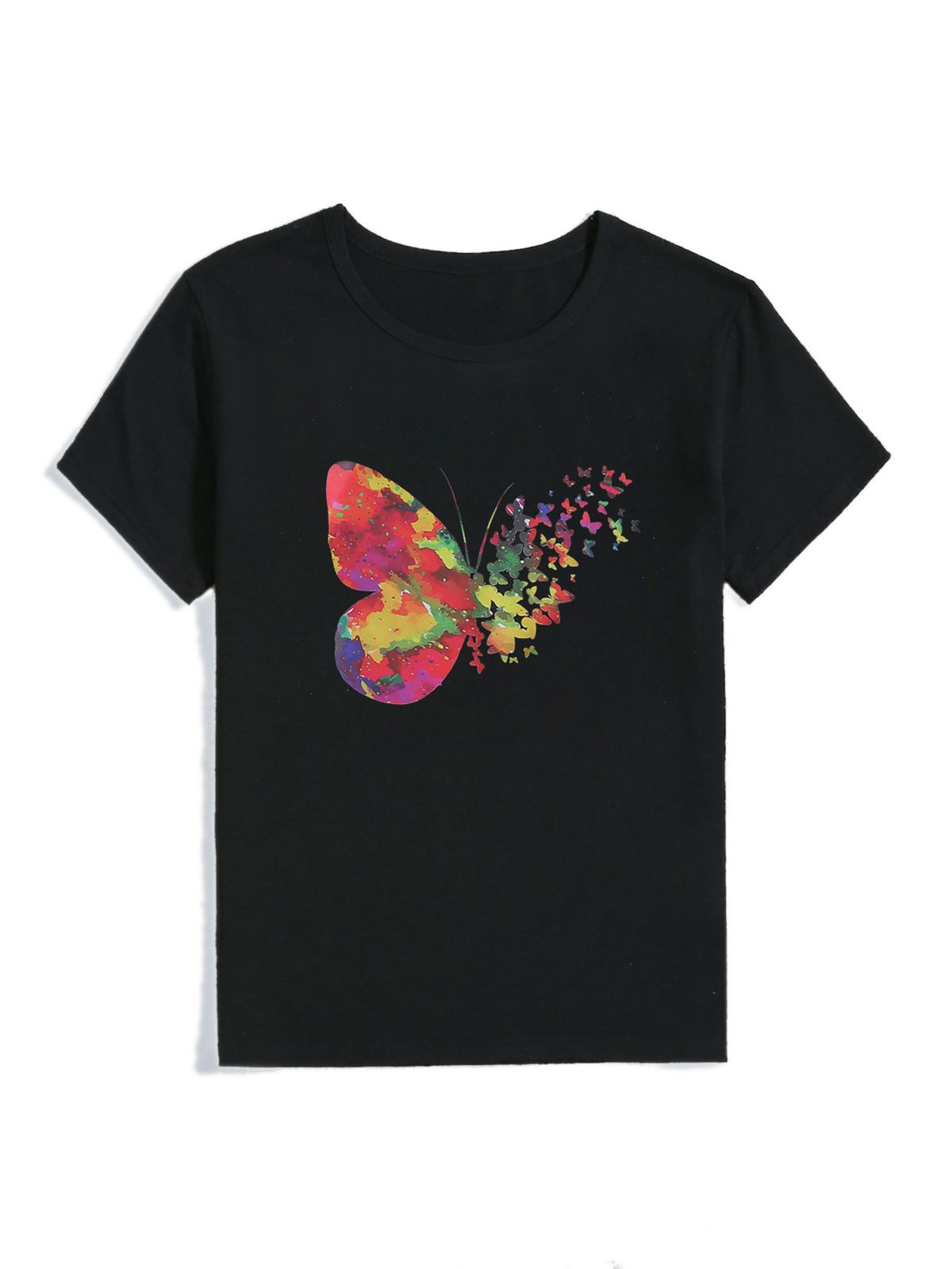 Black Casual T-Shirt for Women Simple round Neck Short Sleeve Butterfly Print European American Fast Fashion Export Top Cotton Polyester_ecoleips.com