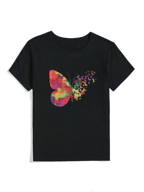 Black Casual T-Shirt for Women Simple round Neck Short Sleeve Butterfly Print European American Fast Fashion Export Top Cotton Polyester_ecoleips.com