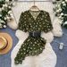Women's French Style Green Polka Dot V Neck Shirt Korean Summer Short Sleeved Fitted Waist Tie Top Slimming Stylish_ecoleips.com