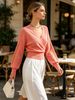 Women Wrap V Neck Ribbed Knit Top Loose Long Sleeve Lightweight Hollow Texture Breathable Skin-friendly Crop Knit Blouse_ecoleips.com