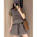 Cross-Border Foreign Trade Korean Version Casual Suit Women Striped Hit Short-Sleeved Sweatshirt Slimming Age-Reducing_ecoleips.com