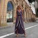 Women's Clothing Internet Celebrity Same Style Gold Ribbon Trim Waist V Neck Loose Suspender Jumpsuit_ecoleips.com
