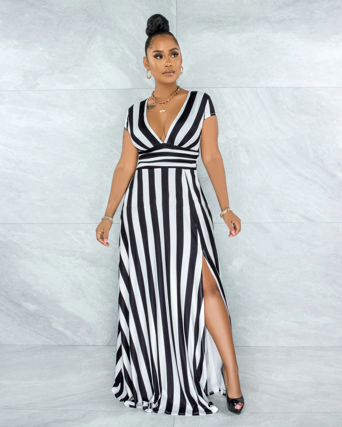 Women's Fashion Dress With Striped Design And Split Front_ecoleips.com