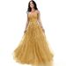 Women’s Clothing Glitter Tulle Ball Gown Women's Lace Applique Long Ball Gown with Spaghetti Straps A Line_ecoleips.com