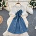 Women's Clothing Fashion Design Two Piece Dress Summer Short Sleeved Patchwork Waist Zipper Denim Mid Length Skirt_ecoleips.com