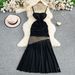Women's Clothing Seaside Holiday Style Sexy Mesh Splicing Suspender Dress Pleated Waist Slim Drape Long Skirt_ecoleips.com