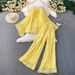 Vacation-Ready Yellow Off-Shoulder Ruffle Dress & Flared Sleeve Top Set – Flowy Midi Skirt & Asymmetrical Hem For Sun-Kissed Glow (S/M/L/XL)_ecoleips.com