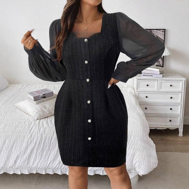 Plus Size Elegant Long Sleeve Dress For Women - Stretchy Knit Square Neck Dress With Button Details, Flattering High Waist Design_ecoleips.com