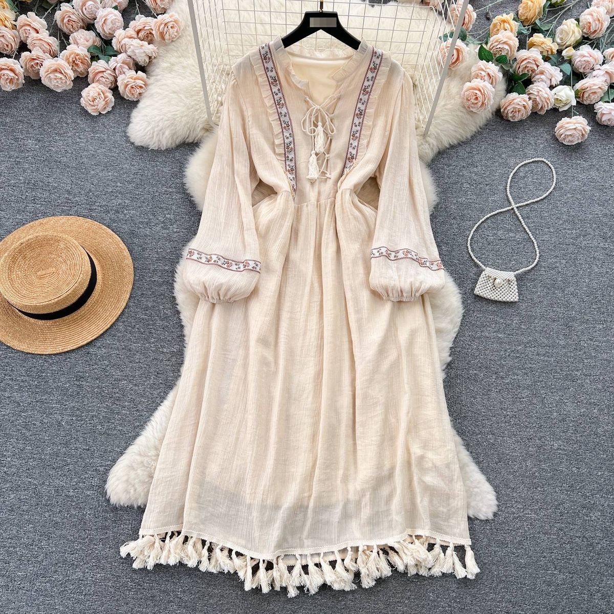 Bohemian Vacation Dress – Flowy A-Line Midi Dress With Tie Waist & Fringe Detail (Beige/Burgundy/White/Black, One Size)_ecoleips.com