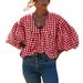 Women's Clothing New Round Neck Ruffled Neck Puff Sleeve Loose Plaid Shirt Lazy Top_ecoleips.com