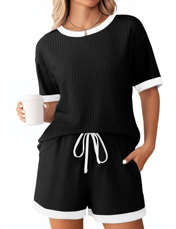 K Women's New Solid Color Pit Stripe Color Blocked Sleepwear Short Sleeved Home Suit Set. No Necklaces Or Other Accessories_ecoleips.com