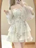 French Elegant Floral Mini Dress Chiffon Long Sleeve Evening Party Dress Women Holiday Beach Boho Fairy Dress Korean 2024 Robes_ecoleips.com