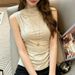 Women Sleeveless Pleated Top Semi High Neck Slim Fit Tank Apricot Solid Color Stretch Polyester Breathable Vest For Office Work_ecoleips.com