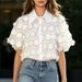 Women's French Court Style Shirt Three Dimensional Petal Flower Print Hollowed Out Lantern Sleeves Chic Mesh Blouse_ecoleips.com