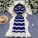 Women's Clothing Light Luxury High End Striped Knitted Dress V Neck Hollow Thin Breathable Slim Design Long Skirt_ecoleips.com