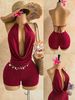 Sultry Red Halter Neck Jumpsuit For Women - Bodycon Stretchy Shorts Romper, Sexy Backless One Piece Outfit For Vacation, Party, Club_ecoleips.com