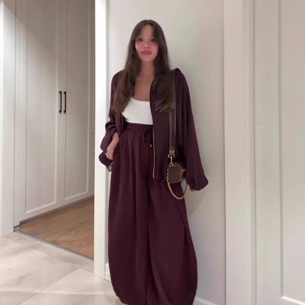 Elegant Two-Piece Set For Women - Notch Lapel Long Sleeve Top And Wide-Leg Pants, Chic Office To Casual Outfit_ecoleips.com