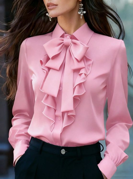 Ladies' Fashionable And Elegant Long-sleeved Shirt With A Pink Collar, Ribbon Ruffled Edges, And Bow Details_ecoleips.com