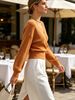 Apricot Orange Deep V Wrap Pit Rib Knit Sweater, Loose Lightweight Breathable Soft Skin-touch Long Sleeve Slim Waist Pullover_ecoleips.com