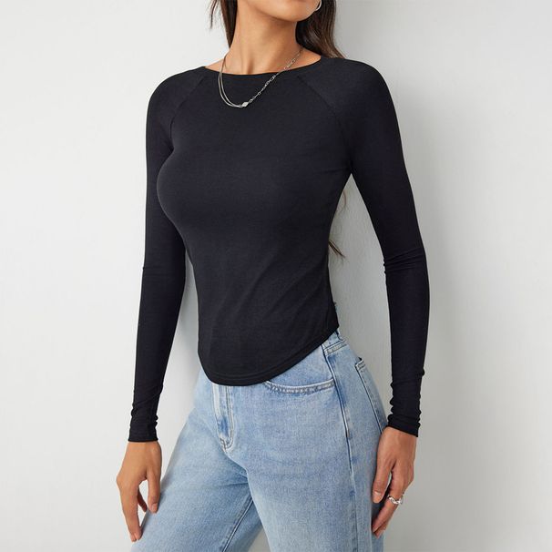 Voya Women's Clothing Popular European And American Fashion Casual Slim Fit High Elasticity Knitted Long Sleeved T-shirt Top_ecoleips.com