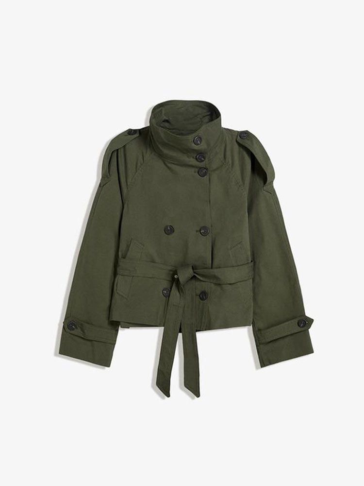Women's Clothing Elegant Double-Breasted Belted Short Trench Coat Stylish Stand Collar, Slim Fit, Streetwear Fashion (Khaki, Burgundy, Army Green)_ecoleips.com