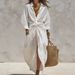 Women's Solid Color Shirt Collar Button Front Casual Dress With Pockets, 3/4 Sleeve Open Front Cardigan Midi Dress For Everyday Wear_ecoleips.com